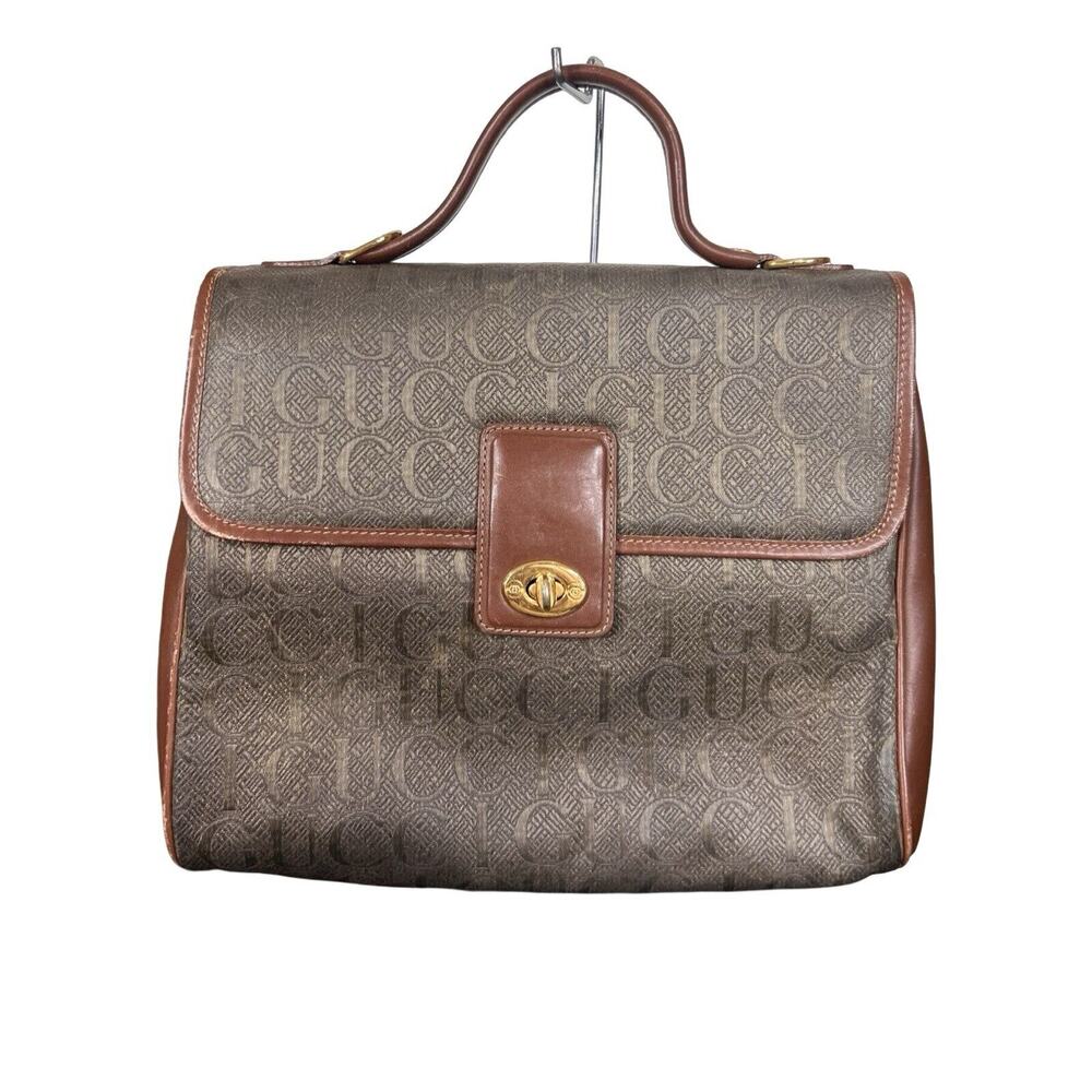 Gucci Vintage Jacquard Top Handle Purse Bag Green Brown Leather Spellout